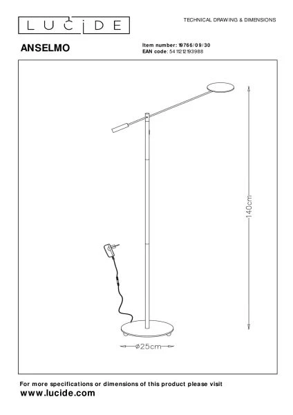 Lucide ANSELMO - Lampadaire / lampe de lecture - Ø 25 cm - LED Dim. - 1x9W 3000K - Noir - technique